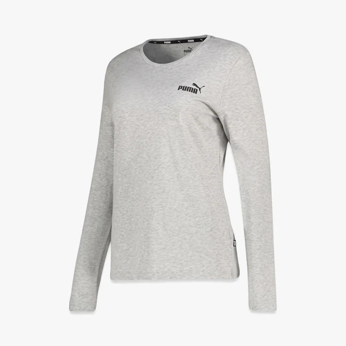 Puma Ladies Ess Longsleeve Tee in light grey heather, a casual women's long sleeve t-shirt with a small logo.