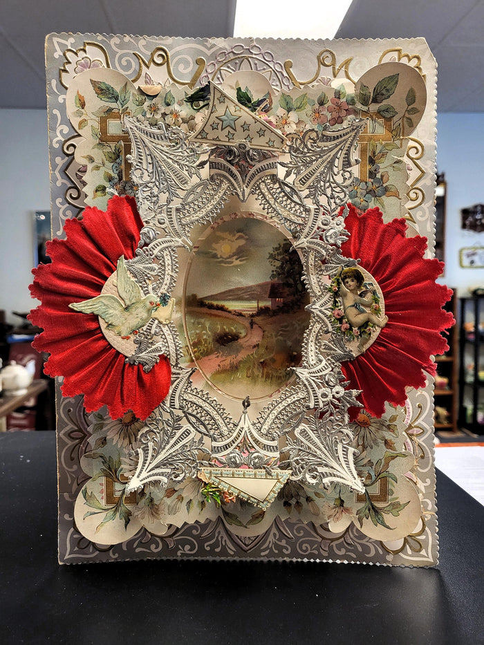 Large Antique Victorian Valentines Day Card - Multi Layered - Pop-Up - Foil - Die-cut Paper Lace - Red Silk