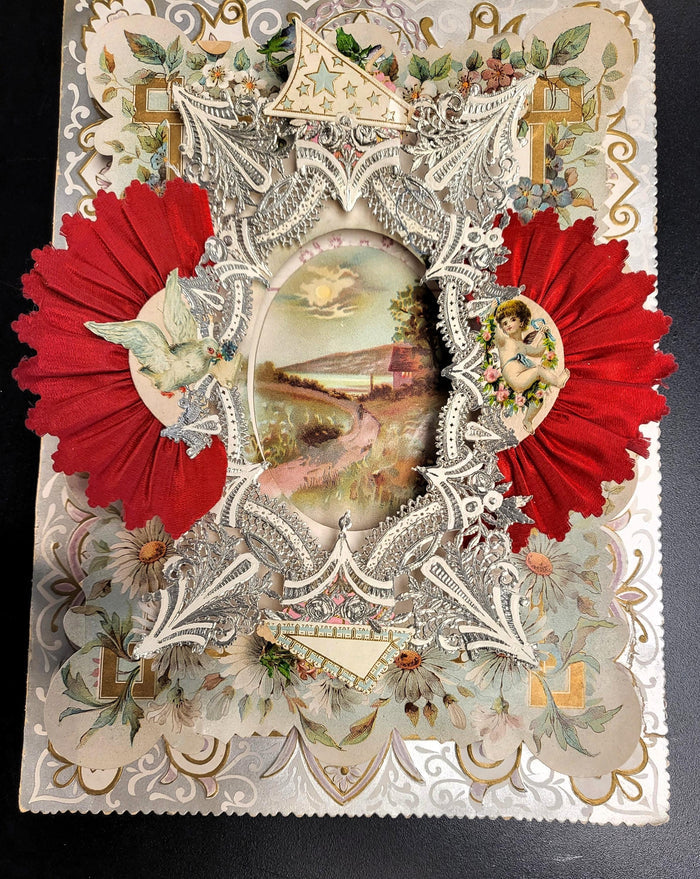 Large Antique Victorian Valentines Day Card - Multi Layered - Pop-Up - Foil - Die-cut Paper Lace - Red Silk