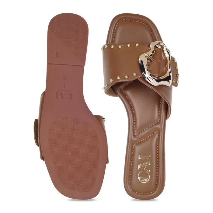 Linea Buckle Tan Flats
