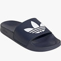 A single navy blue adidas Men's Adilette Lite slide with a white trefoil logo on the strap, viewed from a slightly elevated