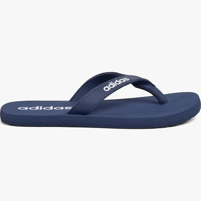 A single navy blue adidas Mens Eezay Flip Flop, featuring white brand logos on the strap and footbed, presented from a