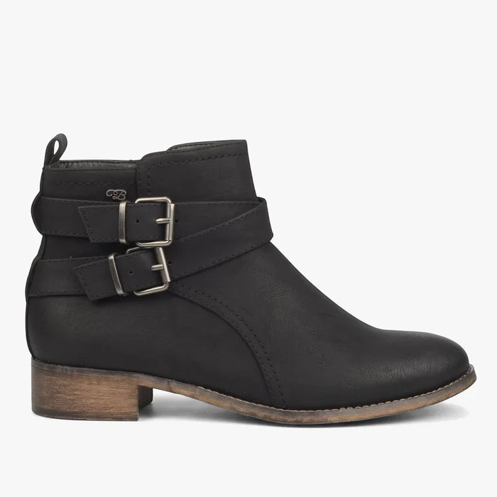 Miss Black Abir3 Womens black ankle boot with two silver buckles and a low stacked heel, side view.