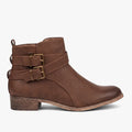 Miss Black Abir3 women's chocolate brown ankle boot with decorative buckled straps and a low block heel, side view.
