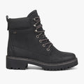 Miss Black Ladies Fox 1 black combat style ankle boot with thick lug sole and textured dark grey laces. Side view.