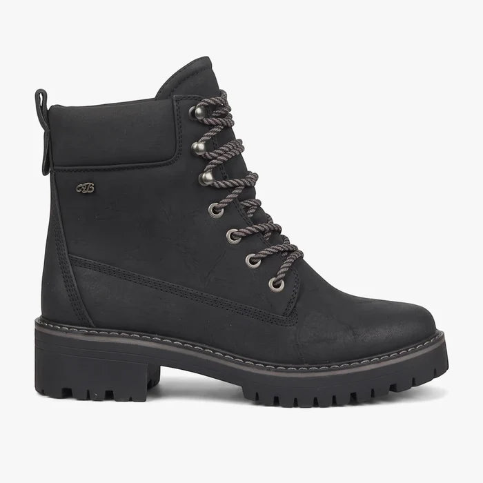 Miss Black Ladies Fox 1 black combat style ankle boot with thick lug sole and textured dark grey laces. Side view.