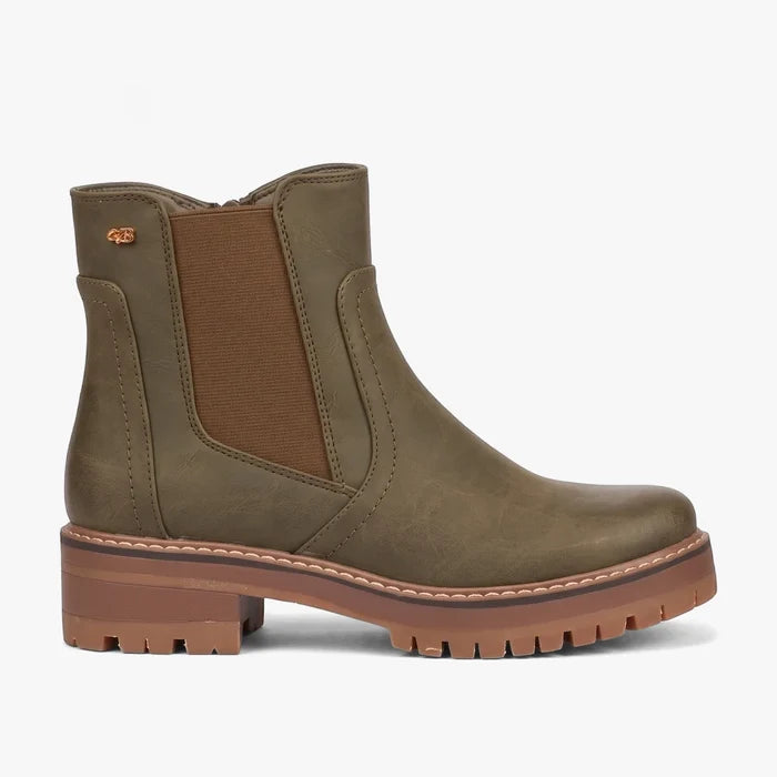 Olive green Miss Black Womens Fox 3 Boot. Side view of a single Chelsea boot with a brown elastic panel and chunky lug sole.