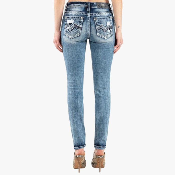 Miss Me Modern Blowout Logo Mid Rise Skinny Jean Lt Blue Miss Me