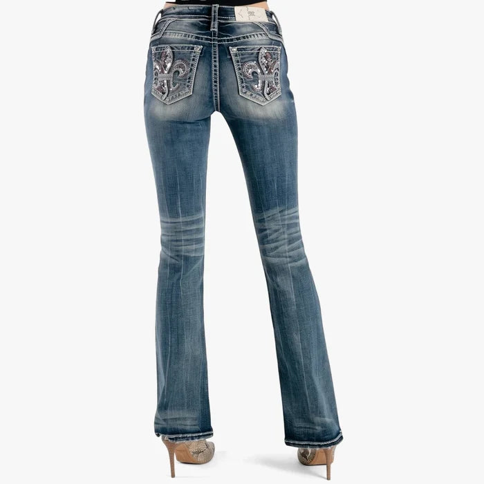 Miss Me Womens Perfect Light Bootleg Jeans in blue, back view, featuring intricate rhinestone and sequin embellished pockets
