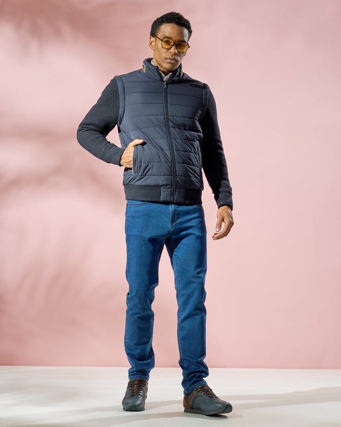 Navy Detachable Sleeve Knit Jacket