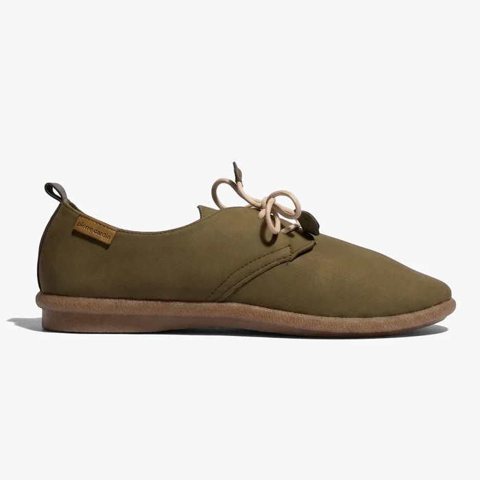 Olive green Pierre Cardin Ladies Riviera lace-up shoe with a soft upper, light beige laces, and light brown sole, presented