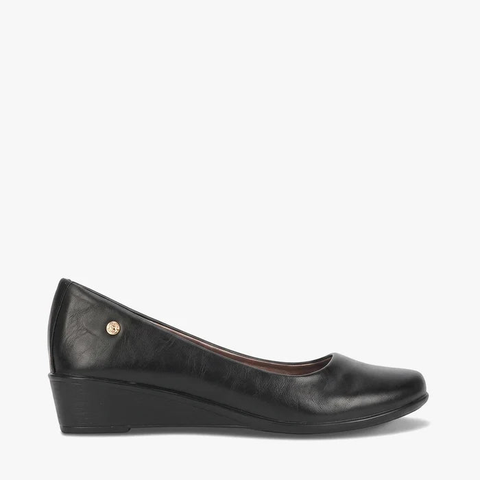 Pierre Cardin Women's Charlotte 2 black wedge heel shoe, made from a smooth leather-like material, viewed from the side.