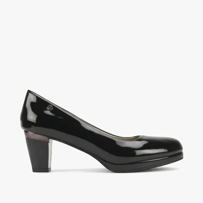 Pierre Cardin Women's Matilda 1 black patent leather pump with a block heel, shown from the side.