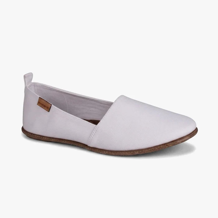 Pierre Cardin Women's Riviera 1 white flat shoe, featuring a simple slip-on design and a brown sole, shown from a side view.