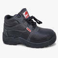 Black leather Pinnacle Kirin safety boot with steel toe, visible from a side angle, featuring red brand labels and white
