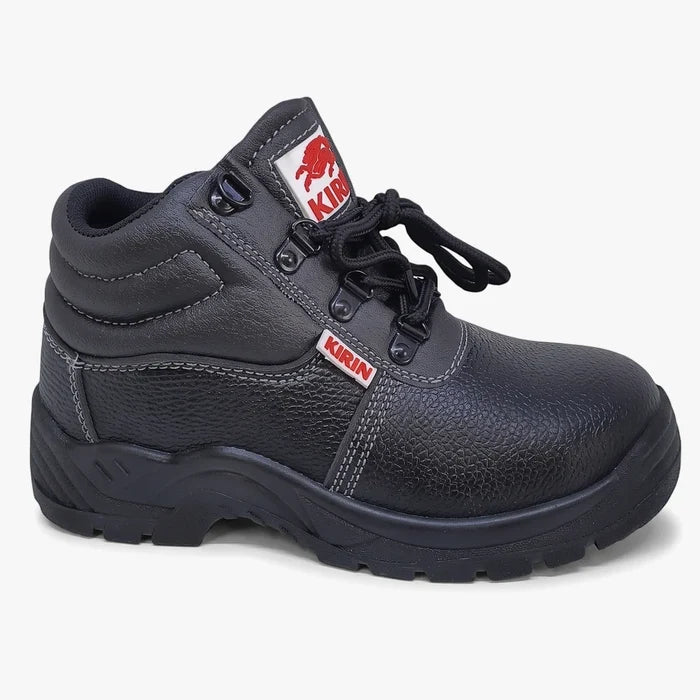 Black leather Pinnacle Kirin safety boot with steel toe, visible from a side angle, featuring red brand labels and white