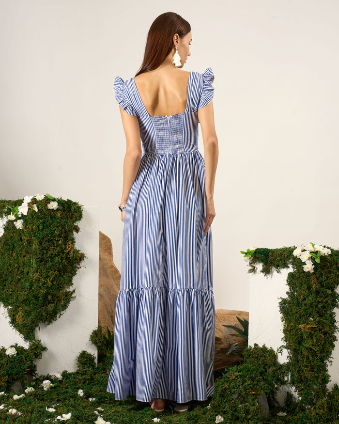 Pinstripe Ruffle Maxi Dress
