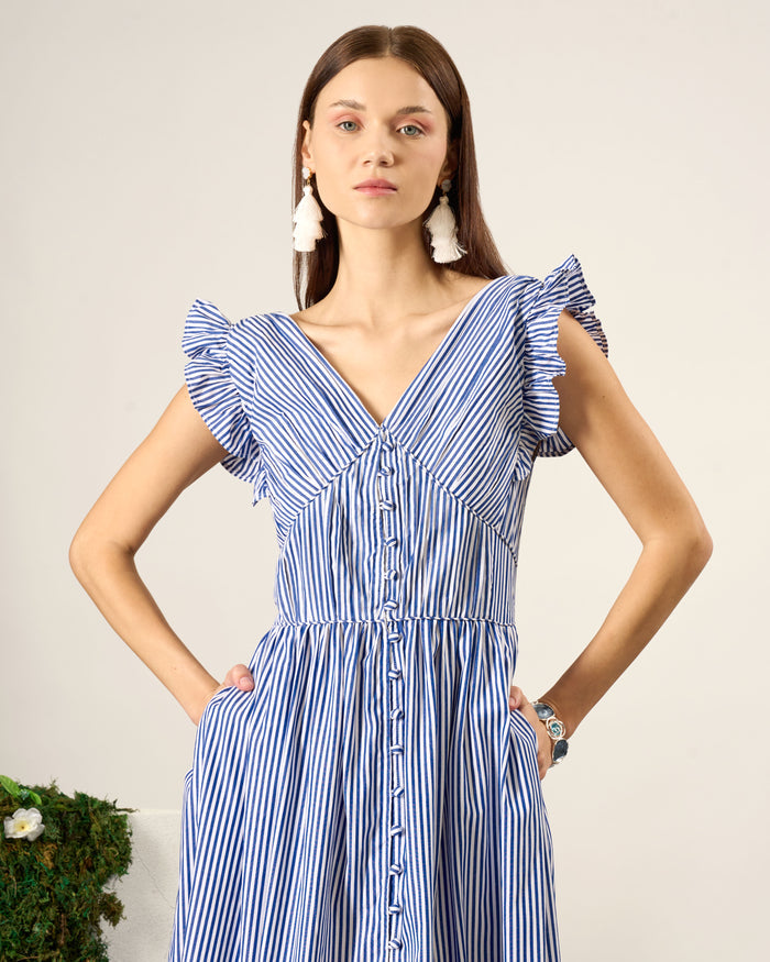 Pinstripe Ruffle Maxi Dress