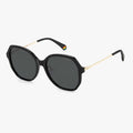 Black hexagonal Polaroid Sunglasses 6177/G/S with dark lenses and gold-colored temple arms, shown at a slight angle.