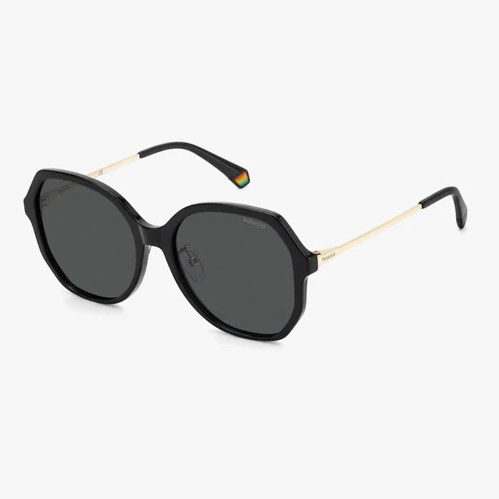 Black hexagonal Polaroid Sunglasses 6177/G/S with dark lenses and gold-colored temple arms, shown at a slight angle.