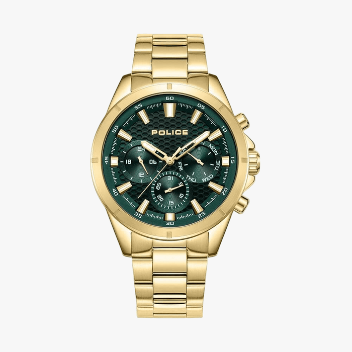 Police Mens Gold Green Dial Watch Gold Strap | Police