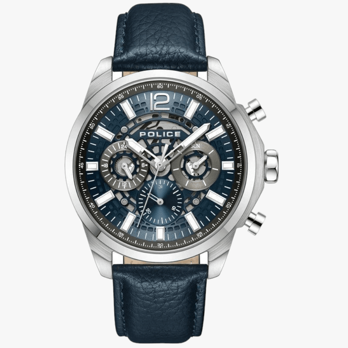 Police Mens Menelik Watch Brushed Navy Leather Strap Police