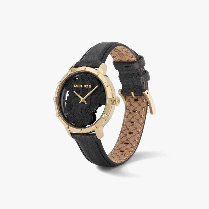 Police Womens Maritias watch featuring a gold-tone case, black dial with rose motif, and a black leather strap with gold