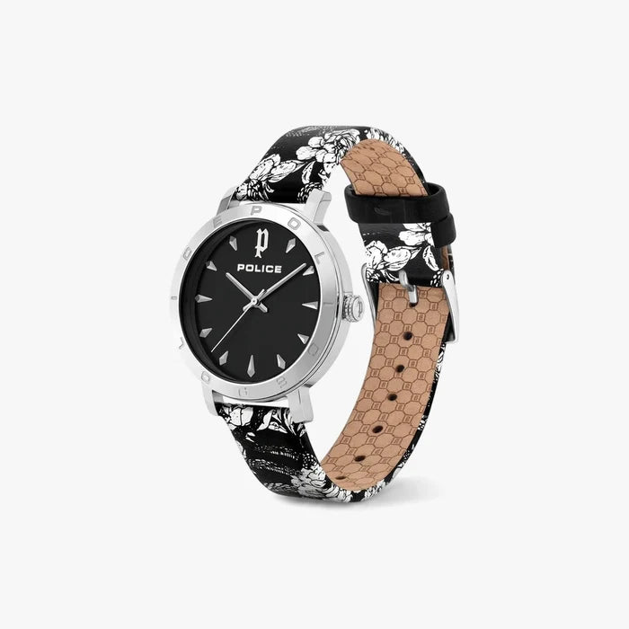 Police Womens Ponta Watch featuring a black dial, silver-tone case, and a black and white floral patterned leather strap.