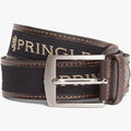 Pringle men's casual belt made from brown leather and black fabric with a silver buckle, coiled and visible from a front