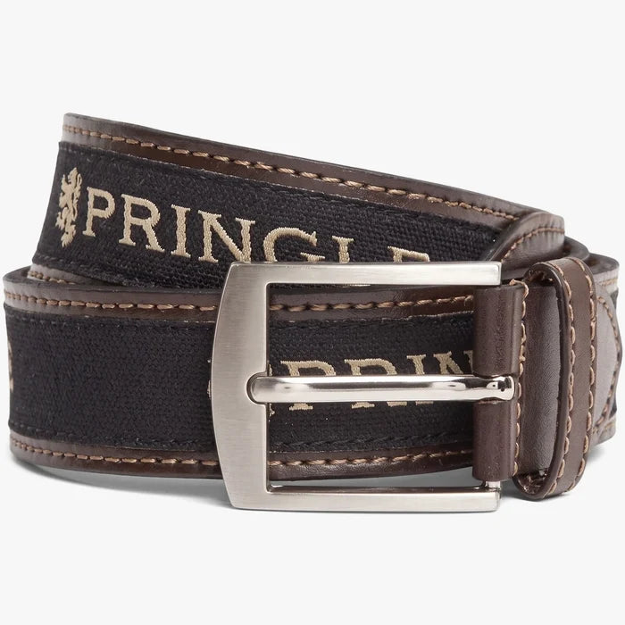Pringle men's casual belt made from brown leather and black fabric with a silver buckle, coiled and visible from a front