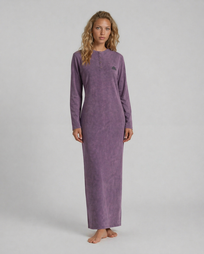 Purple long-sleeve nightgown with front buttons, full length, chest graphic
