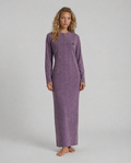 Purple long-sleeve nightgown with front buttons, full length, chest graphic