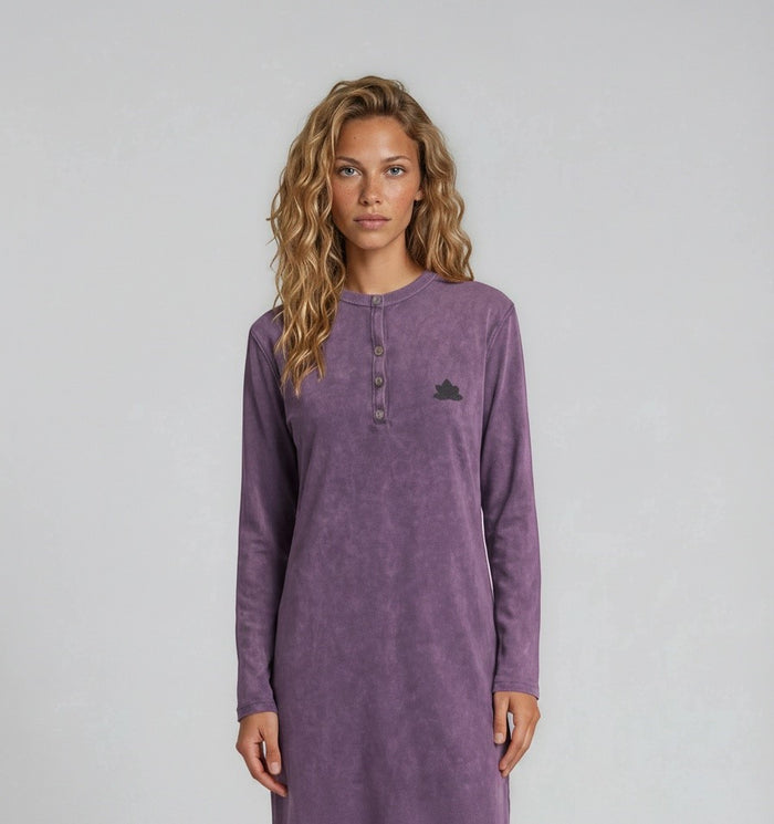 Purple long-sleeve nightgown with button placket and small chest graphic