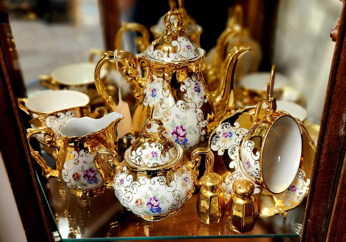 Rare 13-Pc Vintage Kronester Bavaria "Venezia" Tea Set - 24K Gold Plated Porcelain - Service for 4 - Made in West Germany