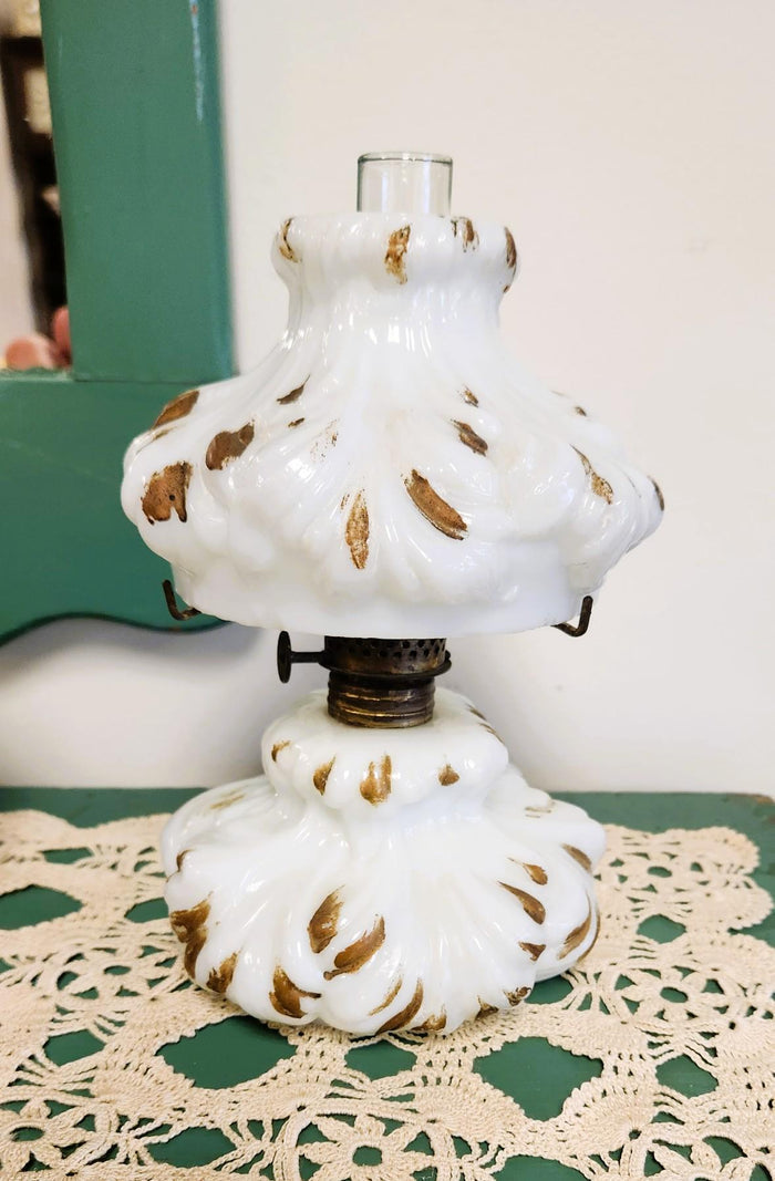 Rare Original L.G. Wright Plume Nutmeg Puffy Mini Glass Oil Lamp