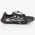 Rock Spring Womens Aqua Shoe 0091 Black. Side view of a black mesh-like aqua shoe with white designs and a textured rubber
