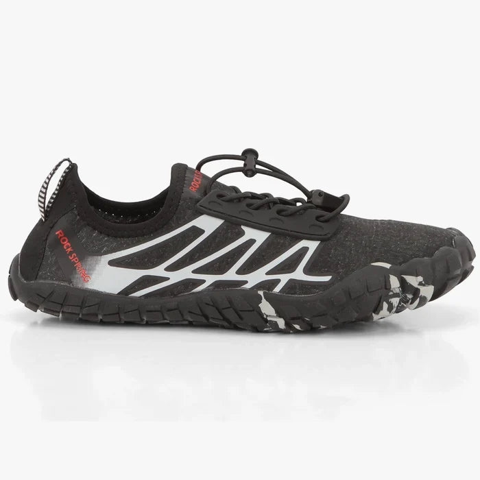 Rock Spring Womens Aqua Shoe 0091 Black. Side view of a black mesh-like aqua shoe with white designs and a textured rubber