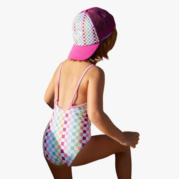 Roxy Girls Rainbow Check One Pc Swim Suit Pink Roxy