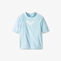 Roxy Girls Tods Whole Hearted short-sleeve rashvest in crystal blue, featuring a white logo on the chest.