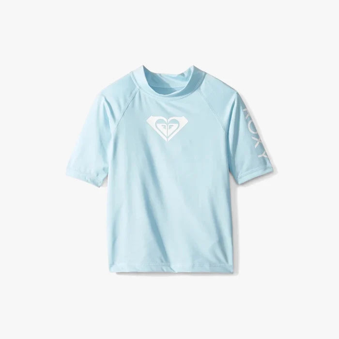 Roxy Girls Tods Whole Hearted short-sleeve rashvest in crystal blue, featuring a white logo on the chest.