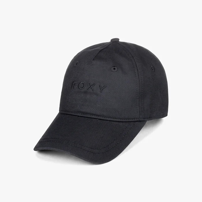 Roxy Womens Dear Believer Logo Cap in anthracite black, featuring an embroidered logo on the front, angled view.