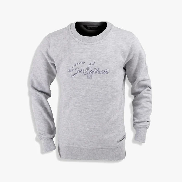 Salomon Girls Countryside Pullover in grey melange. A classic long-sleeve crewneck sweatshirt with embroidered branding on