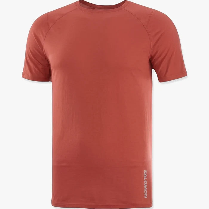 Salomon Men's Vison short sleeve tee in hot sauce red, featuring a crew neck and lightweight performance fabric.
