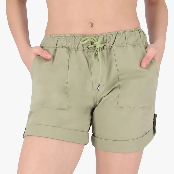 Salomon Womens Sundowner Shorts in granite green, featuring an elasticated drawstring waist, front patch pockets, and cuffed