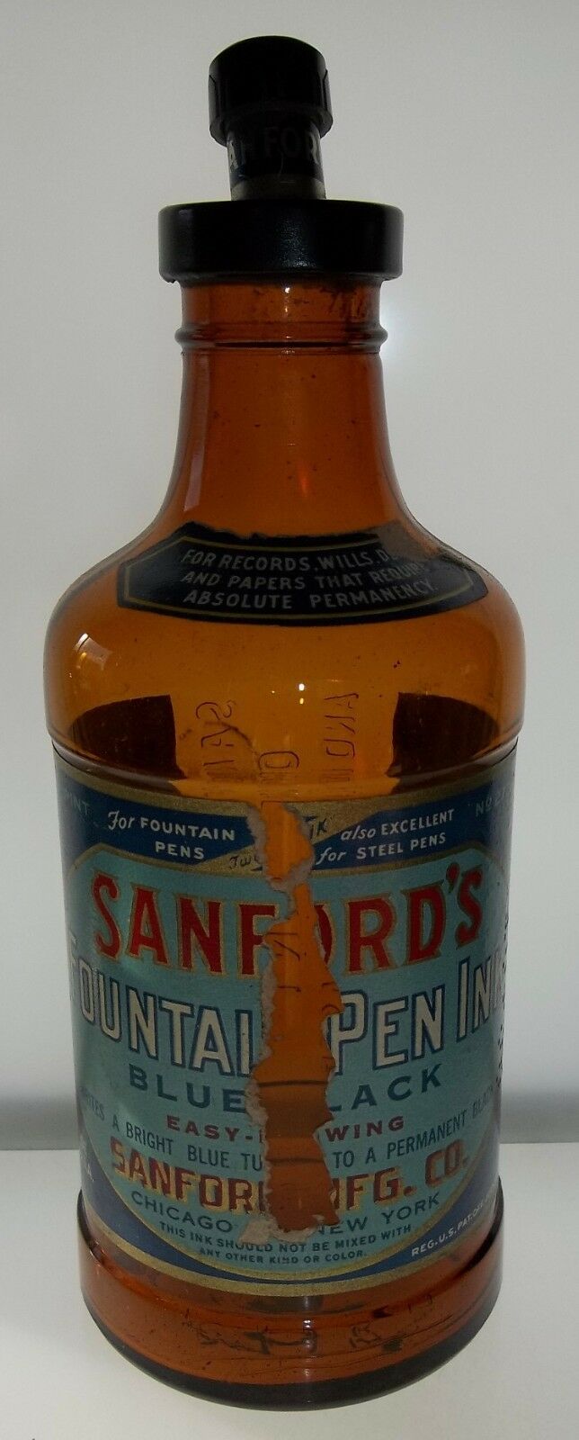 Sanford Fountain Pen Ink Pint Sized Bottle with Original Paper Label!
