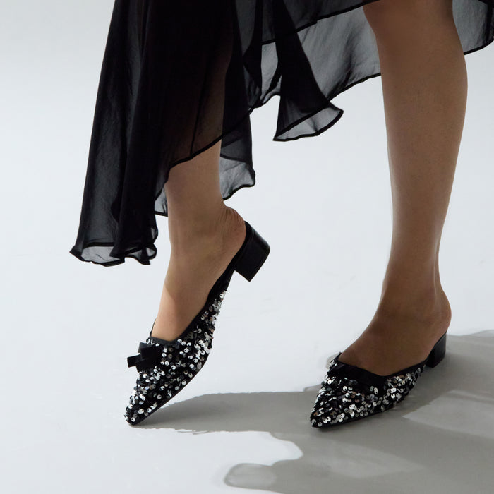Silver Sequence Bow Mules