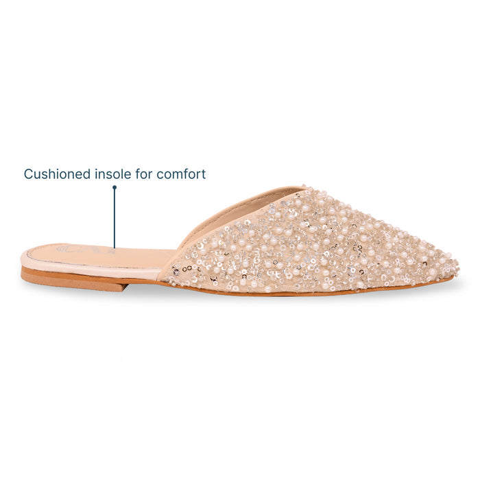 Silver White Beaded Mule Flat