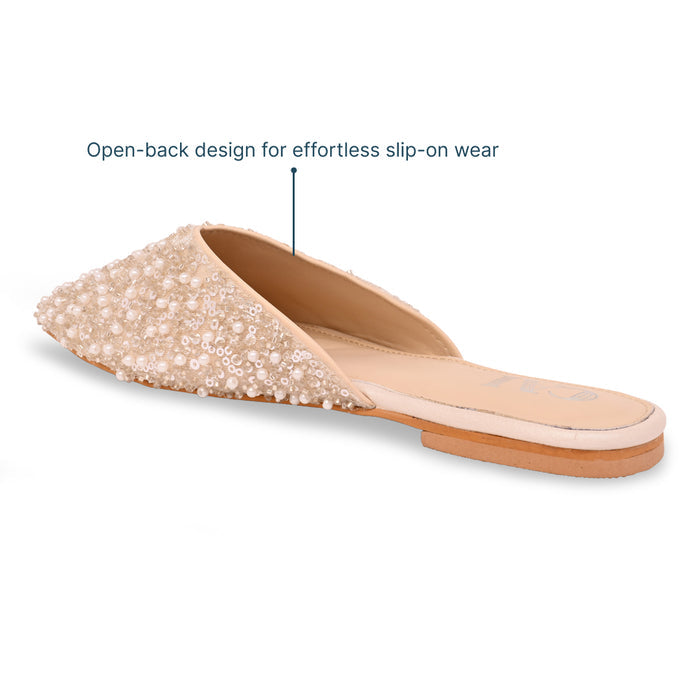 Silver White Beaded Mule Flat