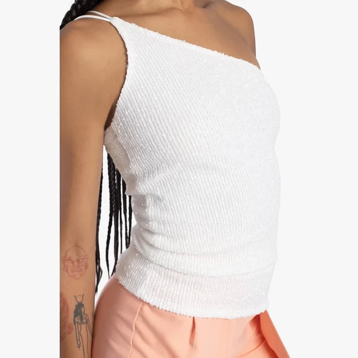 Sissy Boy Off White Asymmetric Sequin Top, featuring a one-shoulder design and full sequin embellishment, worn by a model.