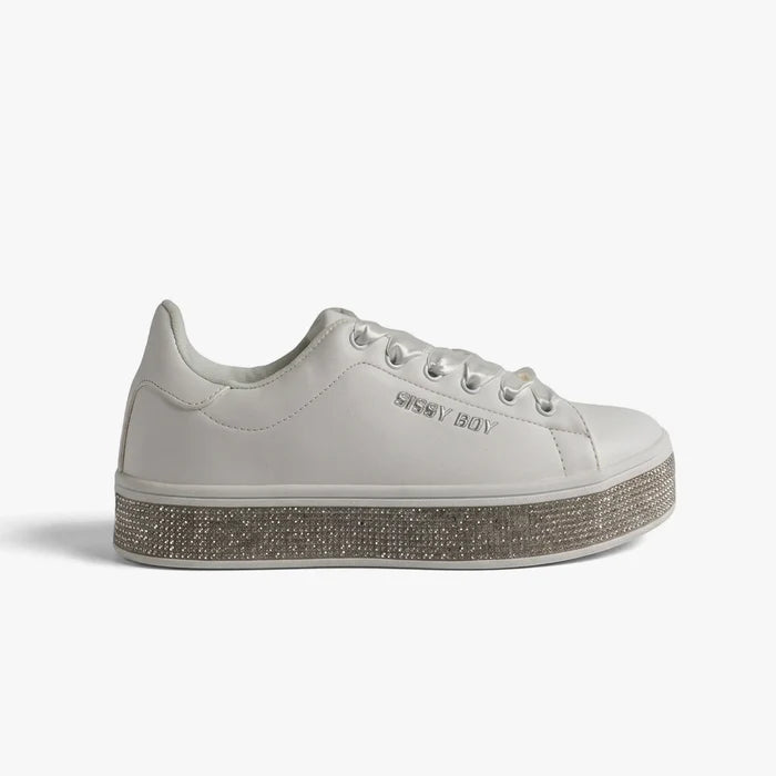 White Sissy Boy women's Duchess Bling sneakers with a sparkling platform sole, shown from a side profile.